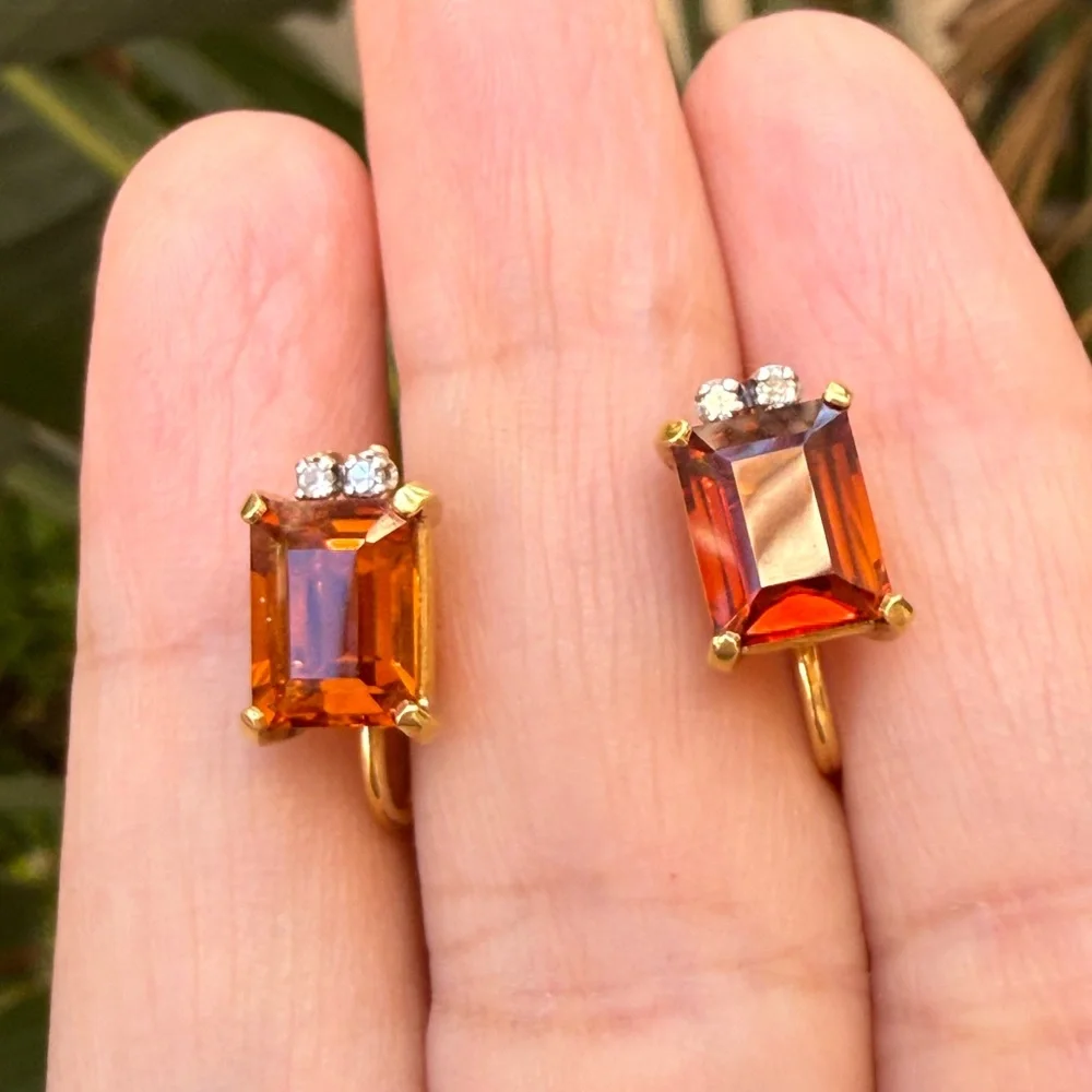 Solid 18K gold Madeira citrine natural diamond screw back earrings - Picture 10 of 12
